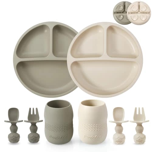 PandaEar Silicone Baby Feeding Set| 2 Pack Silicone Divided Suction Plate and 2 Pack Tiny Cup with 2 Spoons 2 Forks| Baby Led Weaning Supplies Self Feeding Eating Utensils (Linen/Brown)