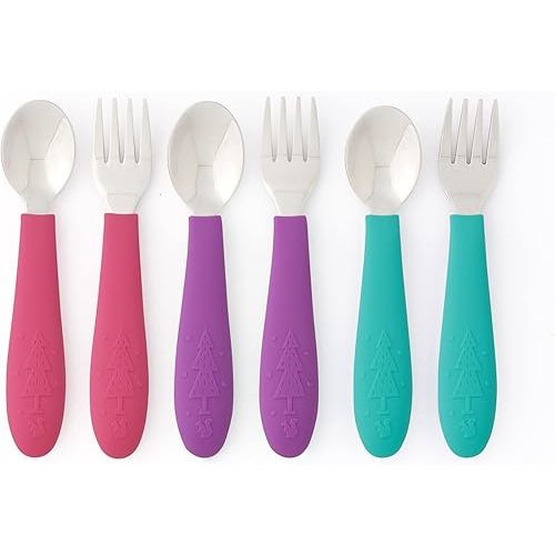 Elk and Friends Kids Silverware with Silicone Handle | Childrens Safe Flatware | Toddler Utensils | Baby Spoons + Forks | Stainless Steel Cutlery