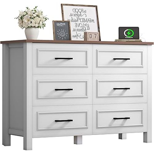 YITAHOME 6-Drawer Dresser with Built-in Power Outlet, Wood Dresser TV Stand with 6 Large Drawers & Bar Handles, Dresser Chest of Drawers for Entryway Living Room Hallway, White & Walnut