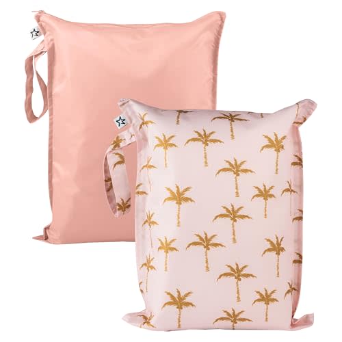 Tiny Twinkle Mess-Proof Waterproof Wet Dry Bag | 2-Pack Reusable Wet Bags for Swimsuits & Baby Clothes | Leakproof Wet Bag for Travel & Diaper Changes for Baby (Royal Palm)