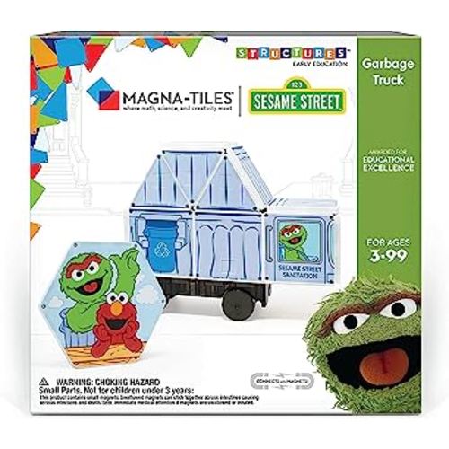 CreateOn Magna-Tiles Garbage Truck Toy Magnetic Kids’ Building Tiles, Oscar The Grouch and Elmo “Sesame Street” Toy for Ages 3+, 21 Pieces
