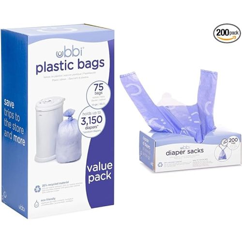 Ubbi Disposable Diaper Pail Plastic Bags, Value Pack, 75 Count, 13-Gallon Bags & Disposable Diaper Sacks, Lavender Scented, Easy-To-Tie Tabs, Diaper Disposal or Pet Waste Bags, 200 Count
