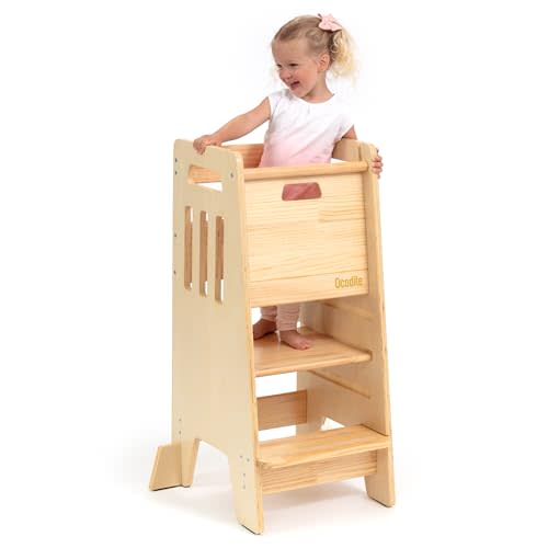 Toddler Tower with a Sliding Door and 3 Adjustable Heights - Complete Toddler Kitchen Stool Helper with Support Feet - Safe Design for 18+ Months to 6-Year-Old Kids - Varnished