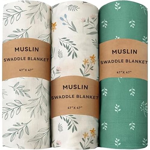 Lot de 3 grandes couvertures d'emmaillotage en mousseline pour nouveau-né, garçon ou fille, couvertures de réception légère, essentiels pour nouveau-né et nourrisson (feuille)