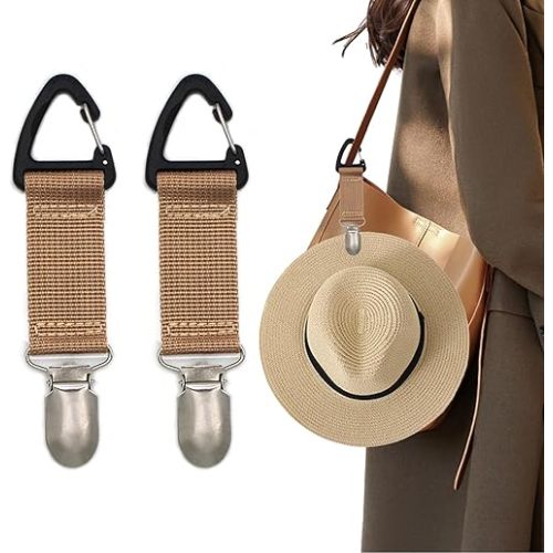 2 Pack Elastic Hat Clip for Travel,Hat Holder,Hands Free Bag Accessory for Women,Outdoor Travel Accessory,Travel Hat Clip for Sunhat,Luggage,Bag,Backpack,Purse (Khaki)