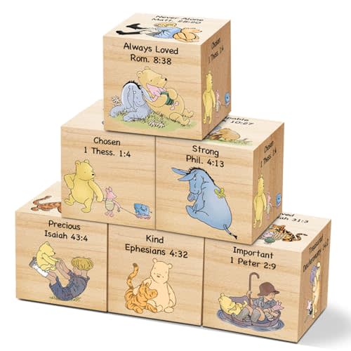 6 Pcs Christian Inspirational Nursery Decor for Girls & Boys - Classic Winnie Themed Wooden Art Decorations - Winnie the Pooh Bible Proverbs for Kids Gifts - 1.6 Inch