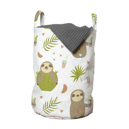 Cartoon Laundry Bag, Sloth Enjoying Cocktails on Plain Background, Hamper Basket with Handles Drawstring Closure for Laundromats, 13" x 19", White Multicolor, by Ambesonne