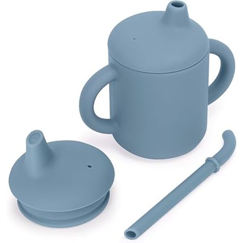 Sippy Cups for Toddlers 1-3 with Straws,Silicone Baby Cup 6-12 months with Handles for Feeding Essentials,4oz [4 in 1],Powder Blue