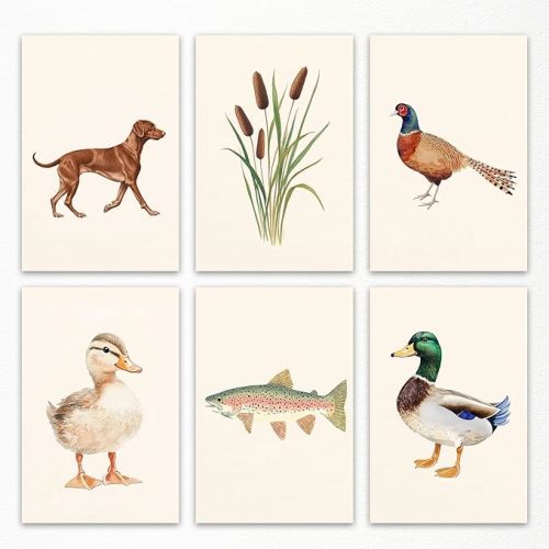 Nursery Animal Canvas Wall Art, Mallard Duck Hunting Poster, Fish Fishing Wall Decor, Set of 6 Watercolor Animals Painting for Kids, Farm Plant Picture, Dog Bird Turkey Cabin Art 8x12in Unframed