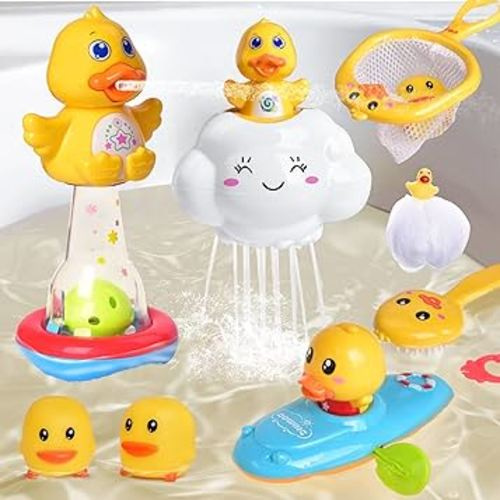 8 PCS Baby Bath Toys for Toddlers, Duck Spray Water Toy Bath Squirters Bath Boat Fishing Net, Bath Shower Tub Toys for Kids Toddlers