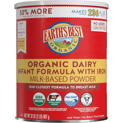 Earth's Best Organic Baby Formula for Babies 0-12 Months, Powdered Dairy Infant Formula with Iron, Omega-3 DHA, and Omega-6 ARA, 32 oz Formula Container