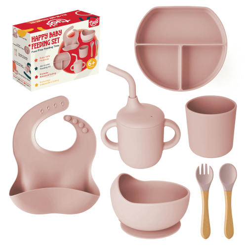 Tygo Silicone Baby Feeding Set - Complete Self-Feeding Kit with Suction Plate, Spill-Proof Bib, Wooden Spoon & Fork, Leak-Proof Cups - Encourage Healthy Eating in Infants and Toddlers