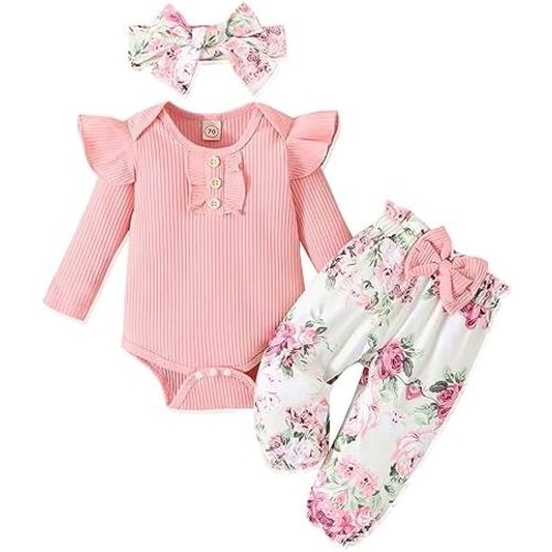 Baby Girl Clothes Newborn Infant Outfits Ruffle Romper+ Floral Pants + Cute Headband Sets for Girls