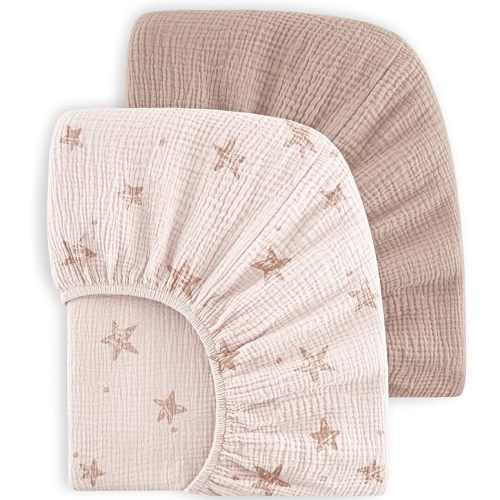 Bearmoss Muslin Crib Sheets - 100% Cotton Baby Crib Sheets Fitted for Standard Crib Mattress & Toddler Bed Mattress 52"x28" Soft Breathable Crib Sheet Neutral for Boys Girls - 2 Pack (Pink Star)