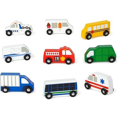 Melissa & Doug Wooden Town Vehicles Set in Wooden Tray (9 pcs) Vehicle Toys, Toy Cars For Toddlers And Kids Ages 3+
