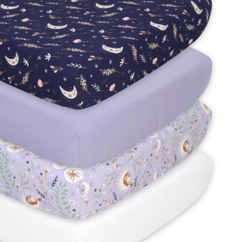 The Peanutshell Purple Floral Moon Celestial Microfiber Fitted Crib Sheets For Baby Girl, 4 Pack Set