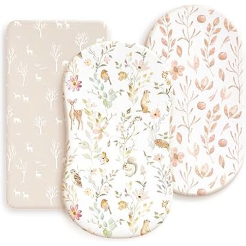 GRSSDER Stretchy Ultra Soft Fitted Bassinet Sheets 3 Pack, Universal Fit for Baby Cradle Moses Basket Oval Rectangle Mattress Safe and Snug, Beautiful Blush Pink Floral Bassinet Sheet for Girls