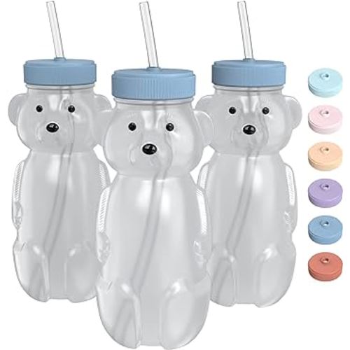 Honey Bear Straw Cup for Babies 3 pack;8oz straw bear cup with improved safety lid design; honeybear baby cup straw; honey bear cup; honey bear bottle.Straw learning therapy cup(Blueberry Pie-BLUE)