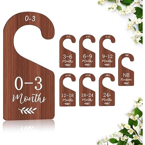 Baby Closet Dividers for Clothes Organizer - Set of 8 Adorable Wooden Double-Sided Baby Clothes Size Hanger Organizer from Newborn to 24 Months for Nursery Beautiful Decor