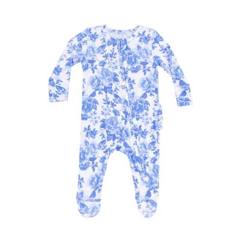 2 Way Zipper Ruffle Back Footie - Roses In Blue – Lele + Lane
