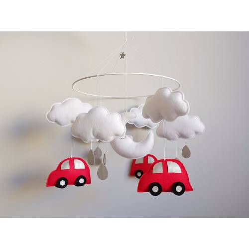 Baby mobile boy for crib Car theme nursery decor Hanging Felt red cars white cloud cot mobile Baby room decor