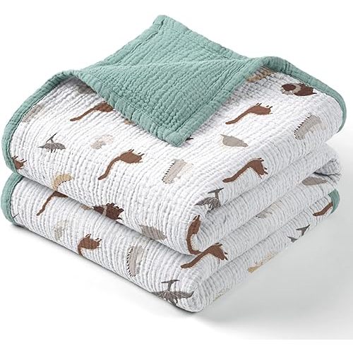 Lulu moon Muslin Baby Blanket - Cotton Quilt Blankets for Toddlers - Reversible Nursery Crib Blanket for Baby Boys and Girls 47"x47"(Sage Dinosaur)