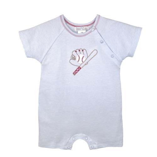 Baseball Embroidered Blue Stripe Knit Romper