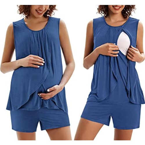 Ekouaer Maternity Nursing Pajama Set Sleeveless/Long Sleeve Top & Pants with Pockets Breastfeeding Sleepwear Pregnancy Size XL
