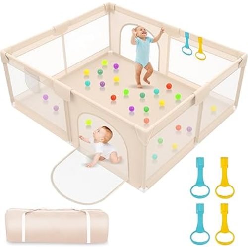 Playpen for Babies and Toddlers 79x71inch - Extra Large Baby Gate Play Pen with Soft Breathable Mesh Cover - Indoor and Outdoor Baby Playard - Portable Playpen for Babies (Apricot)