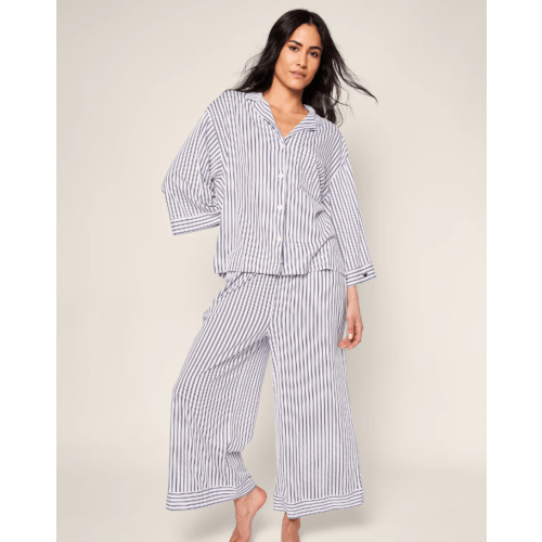 Women's Luxe Pima Navy French Ticking Wide Leg Pajama | Petite Plume
