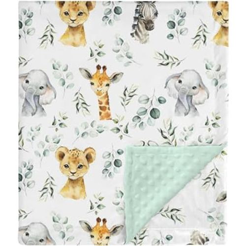 African Safari Jungle Animal Minky Baby Blanket Dotted Backing Boy Girl, Blue Elephant Giraffe Zebra Double Layer Flannel Nursery Bed Blankets, Soft Plush Newborn Infant Toddler Crib Bedding 30 x 40