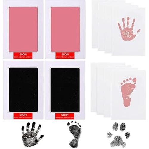 LelonHo Inkless Hand and Footprint Kit Clean Touch Ink Pad for Newborn Baby Pet Paw Print Kit(4 Ink Pads,8 Imprint Cards) (2 Pack Pink and 2 Pack Black)