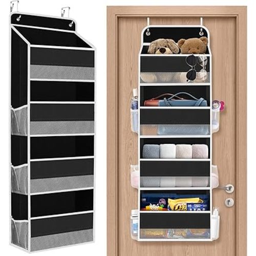 1 Pack Over The Door Organizer, Hanging Storage Organizer with Clear Window, 40lb Ultra Sturdy Large Capacity Room Organizer for Pantry Laundry Bathroom Nursery Closet (Black)