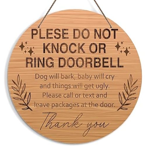 Baby Sleeping Sign for Front Door, Do Not Knock or Ring Doorbell Door Decorations, Rustic Wooden Hanging Sign for Farmhouse Porch Nursery, Wood Door Hanger for Outdoor, Kids Room Wall Decor -44