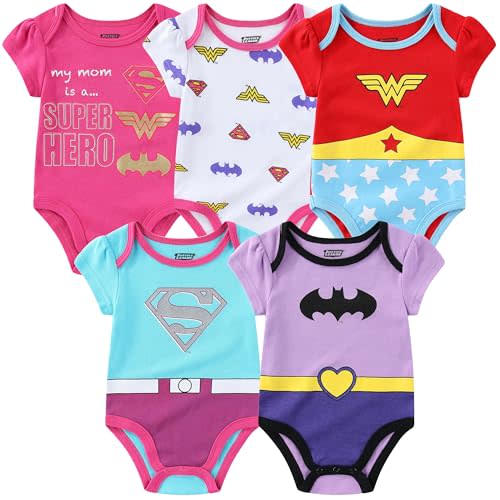 WARNER BROS DC Comics Girls Short Sleeve Bodysuit 5 Pack for Newborn and Infant