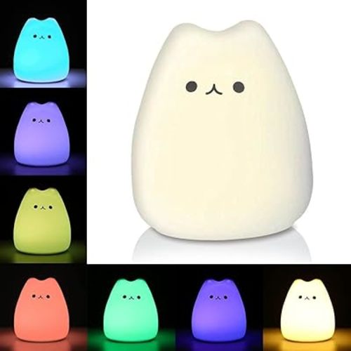 OPDOS Cat Night Light Cat Lamp, Cute Nursery 16 Color Changing Kids Night Light with Tap Control, Battery Powered Squishy Silicone Soft Nightlight Gifts for Women Baby Girls Boys Children Toddler