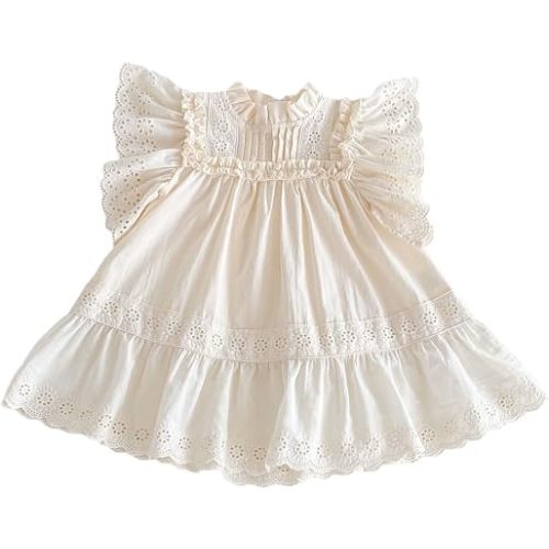 Cotton-Linen Princess Dress with Lace Trim and Flutter Sleeves