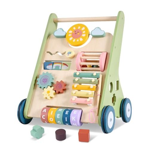 Baby Push Walker, Wooden Baby Walker with Wheels, Montessori Push Walker for Babies 10-12 Months, Adjustable Speed Push Walking Toys for Boys&Girls 1 Year Old, Christmas Birthday Gifts for Toddler
