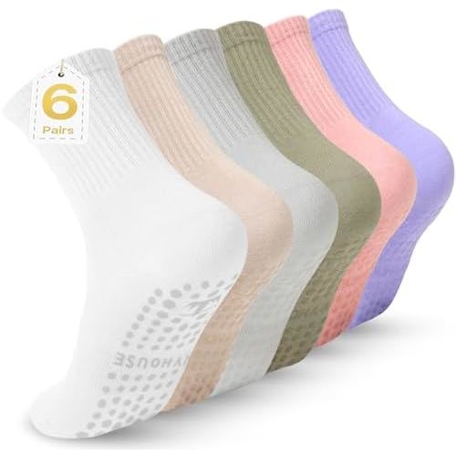 Pilates Yoga Socks with Grips for Women - Crew Length Ballet Barre Socks - Sticky Workout Hospital Socks