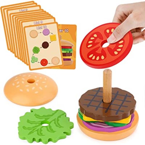Aizweb Montessori Toys for 3 Year Old - Wooden Burger Stacking Toys for Toddlers and Kids Preschool, Educational Toys, Fine Motor Skill Toy, Blocks for Toddlers, Learning Toys