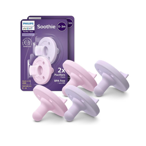 Philips Avent Soothie Orthodontic Baby Pacifiers, 100% Silicone Pacifiers, One Piece, BPA-Free, for Babies 0-3 Months, 2 Lilac and 2 Pink, 4 Pack, Model SCF190/70