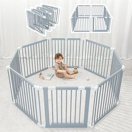 Comfy Cubs Baby Gate Playpen - 57 x 57 x 25 in, Extends Up to 228” - Pine Wood Foldable Playpen with Child-Proof Lock - Easy Assembly Baby Fence Play Area for Babies & Toddlers - Pacific Blue