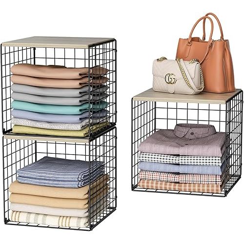 3PCS Stackable Closet Organizers and Storage, Shelves with Wood Top Extra Storage, Clothes Organizer Basket, Bin, or Tube for Wardrobe and Home Organization (Black-Sturdy Metal) Patent Pending
