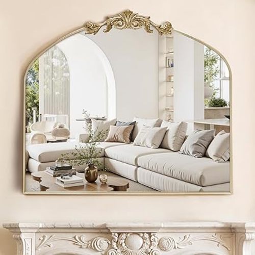 Vintage Retro Gold Baroque Mirror for Wall, 36"X30" Arched Antique Wall Mirror with Elegant Carving Top, Full Metal Frame Wall-Mounted Mirror for Bathroom, Living Room, Fireplace, Entryway