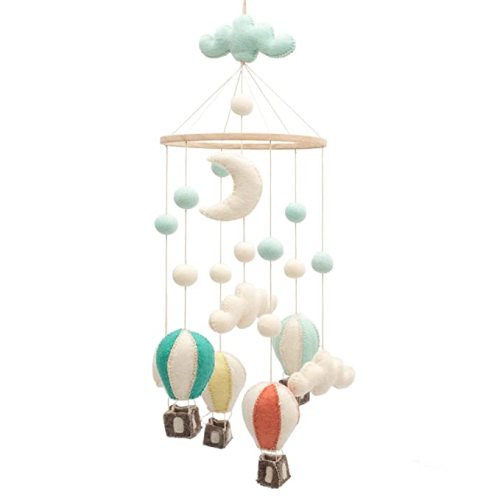 GLACIART ONE Baby Nursery Hot Air Balloon Mobile for Crib | Gender Neutral Felt Mobile for Nursery Decor | Felt Hanging Clouds & Felt Balls Room Decorations Handmade from Natural Wool |Great Gift Idea - Hot Air Balloons
