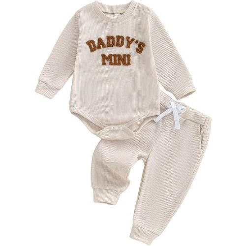 Kupretty Baby Boy Clothes 3 6 12 18 Months Fall Winter Outfit Mama's Boy Embroidery Waffle Long Sleeve Romper Pants Set