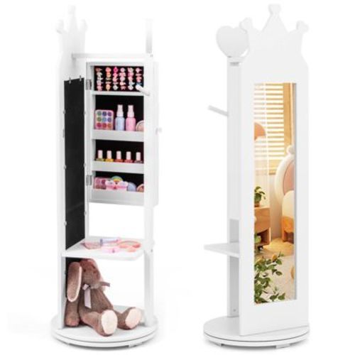 Costway Kids Mirror Jewelry Cabinet - 360° Swivel Jewelry Armoire with Full Length Mirror Storage Shelves 44'' Standing Vanity Dressing Mirror