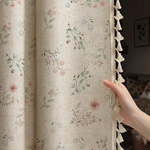 Boho Floral Spring 100% Blackout Curtains 84 Inch Length 2 Panels Set, Linen Texture Farmhouse Curtains Beige Tassel for Living Room Bedroom Vintage Rustic Patterned Printed Western Rod Pocket
