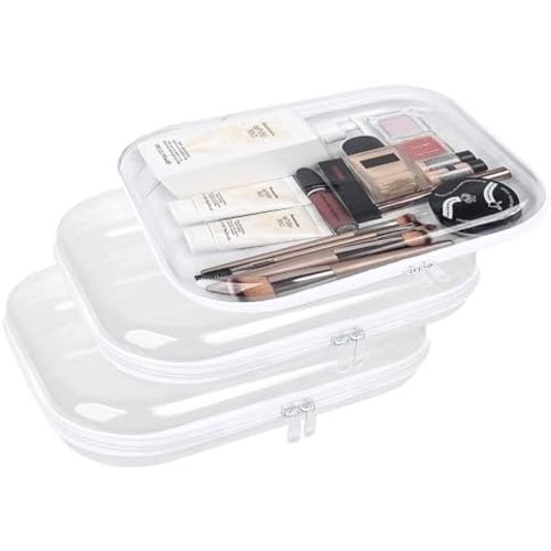 Clear Hard Plastic Zipper Case，Transparent Double Zippers Hard Pouch with 3pcs，Set of 3 Travel Makeup and Cosmetic Bag of Durable PVC，Portable Travel Organizer Bin for Toy Storage