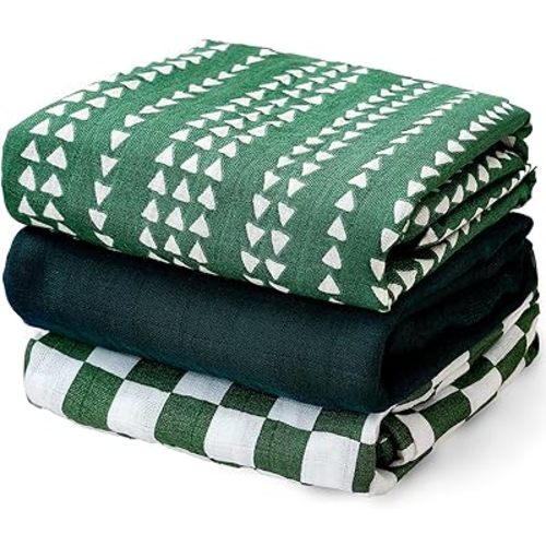 HappyFlute 3 Set Muslin Swaddle Blankets,Essential Baby&Newborn Swaddling,Perfect for Boys&Girls,Receiving Blankets,Nursing,Stroller Cover,Large 47.2x43.3 inches Swaddle Wrap Burping Clothes. (Green)